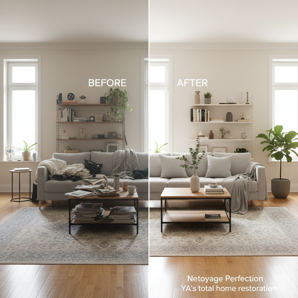 A dramatic before-and-after split scene of a living space transformation, where the left half shows a slightly dulled, cluttered room with tired surfaces, and the right half reveals the same room after Nettoyage Perfection YA’s total home restoration. On the restored side, the walls are freshly brightened, floors shine with a subdued satin finish, and all surfaces are impeccably clean and organized, with only a few carefully selected decor pieces. The color palette transitions from muddled to refined neutrals with muted accents. A consistent soft daylight source from large windows illuminates both halves, but appears clearer and more luminous on the restored side. The camera is positioned straight-on with symmetrical framing and sharp focus, emphasizing the striking contrast. The photographic style is clean, modern, and sophisticated, conveying dramatic improvement without exaggeration.