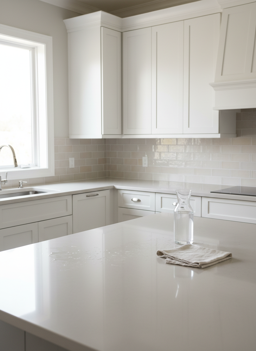 A bright, immaculate kitchen after a total home restoration, featuring seamless white cabinetry with discreet handles, a pale greige quartz countertop, and a spotless stainless-steel sink with water droplets just drying on the surface. The tiled backsplash in soft, muted tones appears freshly renewed, with perfectly aligned grout lines. On the island, a single clear glass carafe of water and one folded linen cloth rest, emphasizing simplicity. Early afternoon natural light streams through a nearby window, casting refined, soft-edged shadows and subtle highlights on metal and stone. Captured from a slightly elevated three-quarter angle, the image shows the full depth of the space, with a very gentle bokeh toward the far wall. The photographic style is clean, sophisticated, and minimalist, expressing calm perfection and premium care.