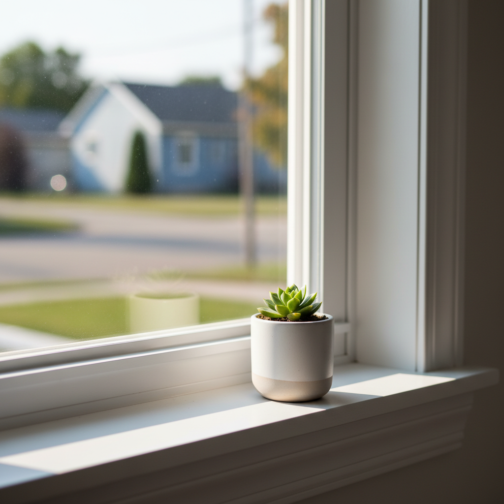 A close-up, detail-focused shot of a perfectly restored window corner in a Bécancour home, highlighting flawless white trim, freshly cleaned glass with no streaks, and a narrow sill free of dust, holding a single minimalist ceramic pot with a small green plant. Outside, a softly blurred hint of a quiet neighborhood is visible, rendered in cool, muted tones. Late afternoon natural light streams in at an angle, creating a gentle highlight along the trim edge and a subtle, elongated shadow of the plant on the sill. The composition uses shallow depth of field, making the interior surfaces razor sharp while the exterior dissolves into a soft bokeh. The photographic realism, refined details, and minimalist aesthetic emphasize craftsmanship and meticulous attention to corners and edges during the total home reset.