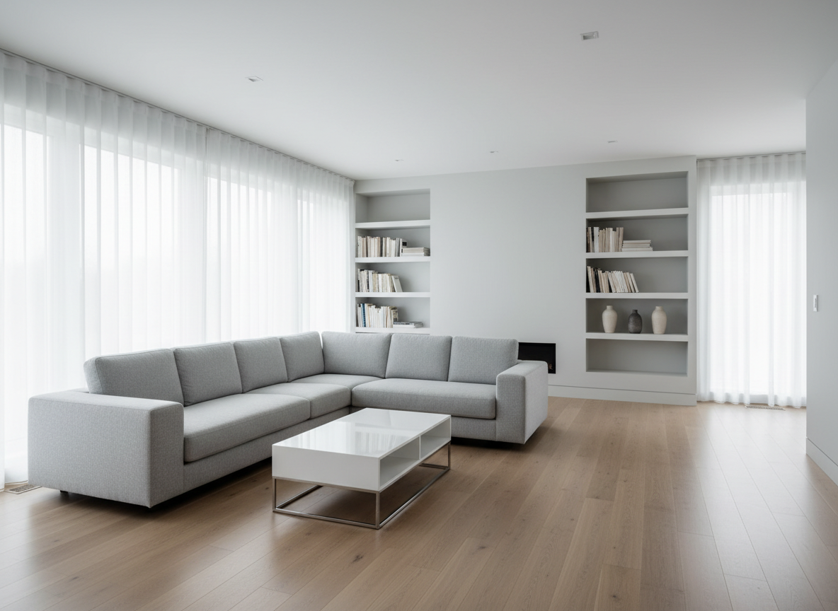 A meticulously restored open-concept living room in a contemporary Bécancour home, with pristine oak floors that gleam subtly, a pale dove-grey sectional sofa, and a low white lacquer coffee table completely free of clutter. Built-in shelving holds only a few carefully arranged books and ceramic vases, emphasizing a sense of order. Soft, diffused daylight enters through large, sheer-draped windows, creating gentle gradients of light across matte white walls. The air feels crisp and purified, with no dust or debris visible. Shot at eye level with a wide-angle lens, the composition follows the rule of thirds, maintaining sharp focus from foreground to background. The overall aesthetic is photographic realism with a muted palette and minimalist elegance, conveying the feeling of a total home reset.