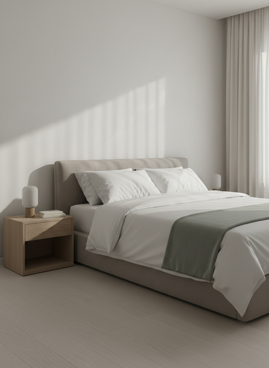 A serene bedroom captured just after a comprehensive home reset, featuring a low-profile upholstered bed in soft taupe linen with perfectly smoothed, crisp white bedding and a single muted eucalyptus-green throw placed precisely at the foot. The light oak nightstand holds only a small frosted glass lamp and a closed book, with no visible clutter or dust. The floor is a flawlessly cleaned pale hardwood, reflecting a faint sheen. Gentle morning light filters through sheer off-white curtains, creating soft gradients on the textured wall and casting delicate, elongated shadows from the lamp. Framed at eye level with a slightly off-center composition, the shot emphasizes negative space and calm order. The photographic style is minimalist and sophisticated, with a cool, muted color palette that communicates deep rest, freshness, and restored harmony.