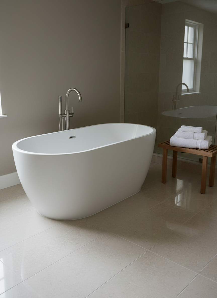 A luxurious, newly restored bathroom sanctuary, centered on a freestanding matte white soaking tub set on flawless light stone tiles, every surface appearing freshly renewed. The tub’s brushed nickel faucet gleams softly without any water spots, and nearby, thick folded white towels sit on a slim oak bench, perfectly aligned. The walls are a muted warm grey, with a frameless glass shower enclosure so clean it’s almost invisible. Soft, diffused natural light enters from an unseen window, creating a serene glow, subtle reflections, and gentle shadows that elongate across the floor. Shot from a slightly elevated corner vantage point, the composition uses asymmetrical balance and sharp focus throughout. The photographic realism, muted palette, and minimalist composition evoke a high-end spa atmosphere and the feeling of a complete bathroom rebirth.
