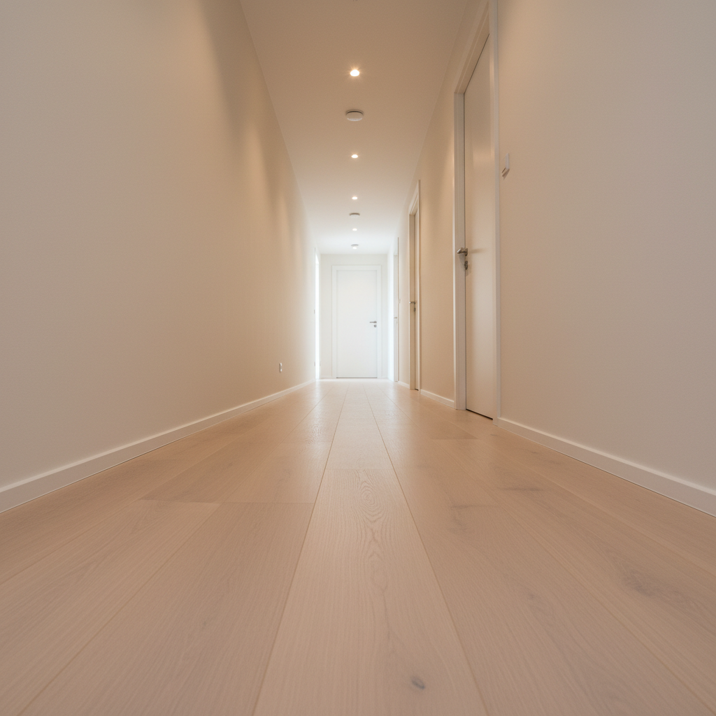 A hallway of a restored home captured from a low, linear perspective, showing a long stretch of perfectly cleaned, pale wood flooring with subtle satin sheen, and smooth, freshly revitalized walls in a muted warm white. Simple, closed doors with modern hardware align along one side, their surfaces spotless and uniform. At the far end, soft natural light filters in from an unseen source, creating a gradient of brightness that gently decreases toward the camera, while discreet recessed ceiling lights add a delicate glow. The mood is calm, ordered, and almost hotel-like in its precision. The centered, one-point perspective composition and sharp focus along the entire corridor enhance the feeling of depth and continuity. The photographic style is minimalist and sophisticated, conveying a sense of purity, freshness, and completeness.