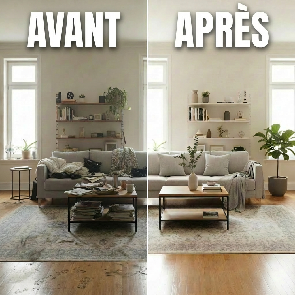 home restoration A dramatic before-and-after split scene of a living space transformation, where the left half shows a slightly dulled, cluttered room with tired surfaces, and the right half reveals the same room after Nettoyage Perfection YA’s total home restoration. On the restored side, the walls are freshly brightened, floors shine with a subdued satin finish, and all surfaces are impeccably clean and organized, with only a few carefully selected decor pieces. The color palette transitions from muddled to refined neutrals with muted accents. A consistent soft daylight source from large windows illuminates both halves, but appears clearer and more luminous on the restored side. The camera is positioned straight-on with symmetrical framing and sharp focus, emphasizing the striking contrast. The photographic style is clean, modern, and sophisticated, conveying dramatic improvement without exaggeration.