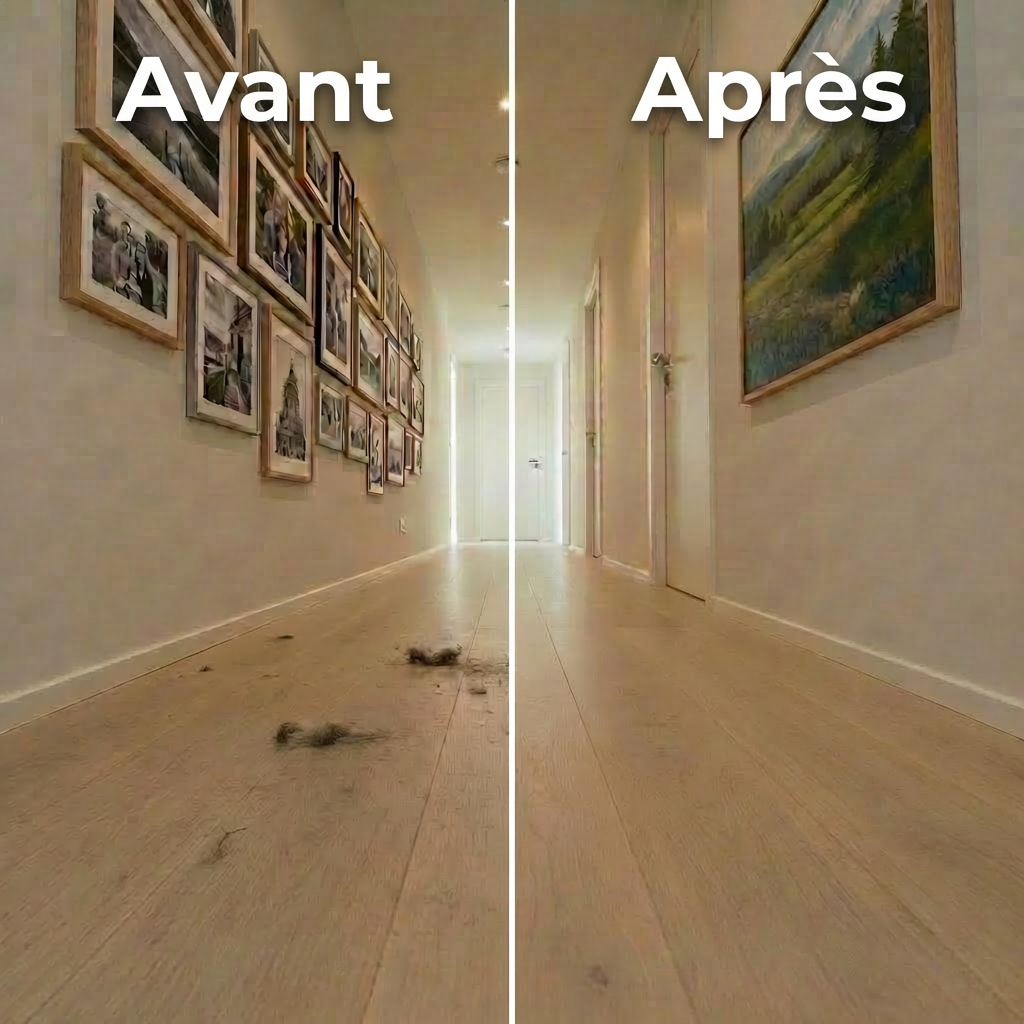 home restoration A hallway of a restored home captured from a low, linear perspective, showing a long stretch of perfectly cleaned, pale wood flooring with subtle satin sheen, and smooth, freshly revitalized walls in a muted warm white. Simple, closed doors with modern hardware align along one side, their surfaces spotless and uniform. At the far end, soft natural light filters in from an unseen source, creating a gradient of brightness that gently decreases toward the camera, while discreet recessed ceiling lights add a delicate glow. The mood is calm, ordered, and almost hotel-like in its precision. The centered, one-point perspective composition and sharp focus along the entire corridor enhance the feeling of depth and continuity. The photographic style is minimalist and sophisticated, conveying a sense of purity, freshness, and completeness.