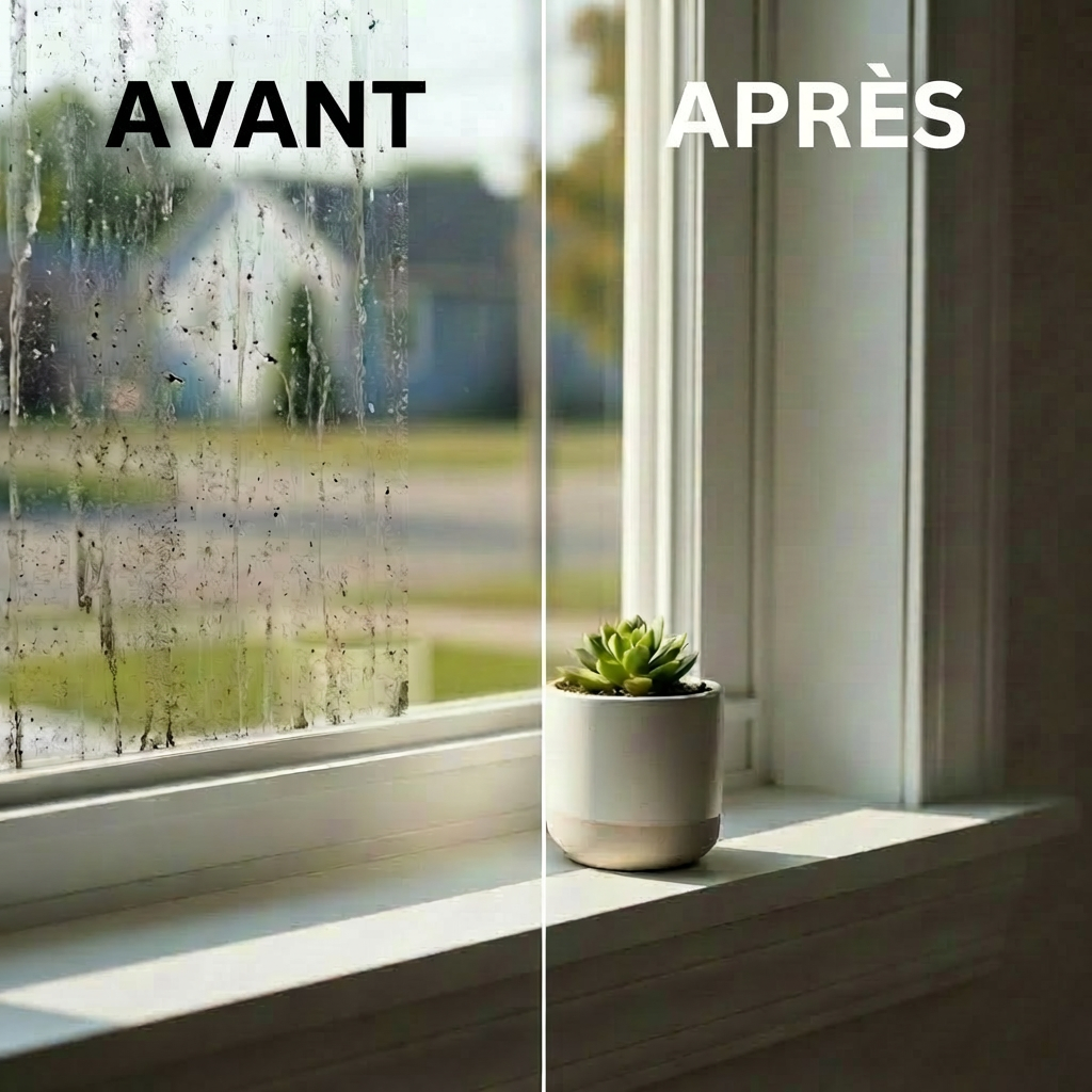 home restoration A close-up, detail-focused shot of a perfectly restored window corner in a Bécancour home, highlighting flawless white trim, freshly cleaned glass with no streaks, and a narrow sill free of dust, holding a single minimalist ceramic pot with a small green plant. Outside, a softly blurred hint of a quiet neighborhood is visible, rendered in cool, muted tones. Late afternoon natural light streams in at an angle, creating a gentle highlight along the trim edge and a subtle, elongated shadow of the plant on the sill. The composition uses shallow depth of field, making the interior surfaces razor sharp while the exterior dissolves into a soft bokeh. The photographic realism, refined details, and minimalist aesthetic emphasize craftsmanship and meticulous attention to corners and edges during the total home reset.